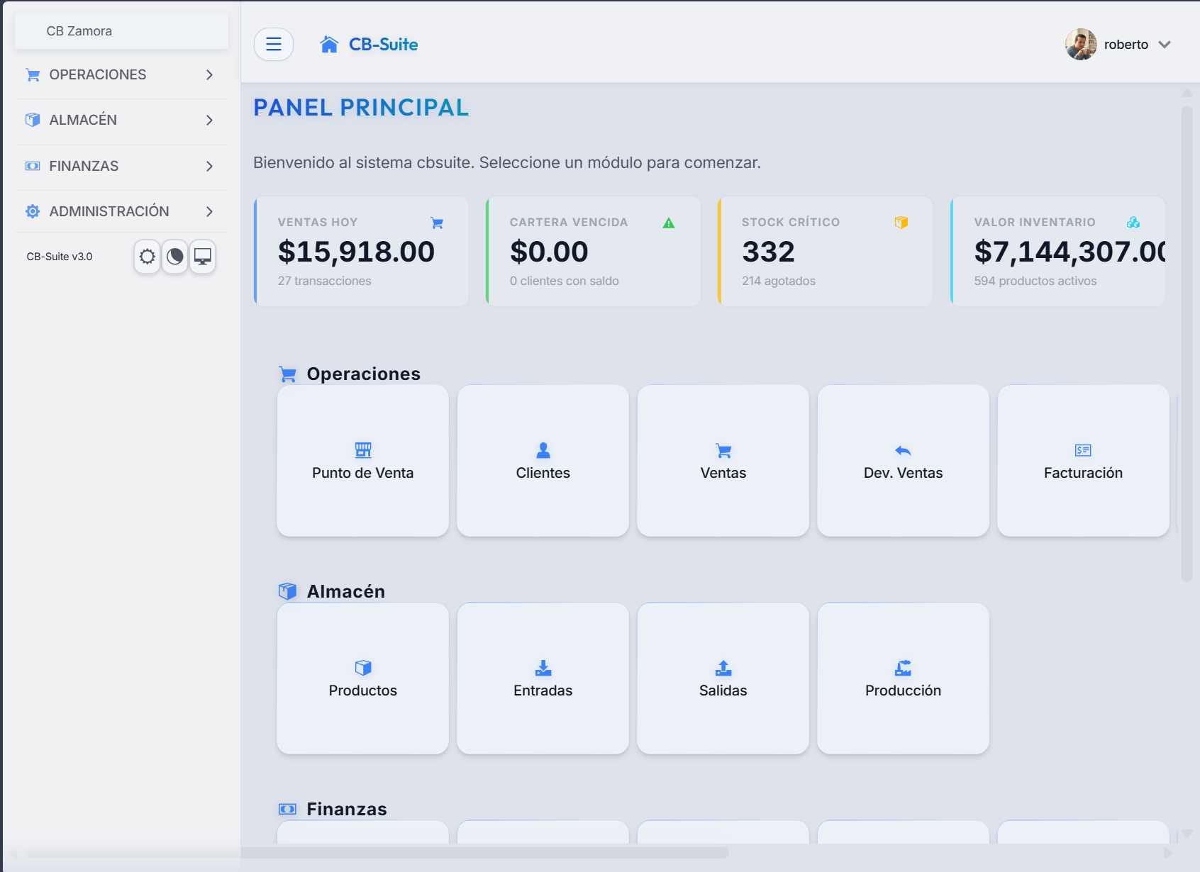 Dashboard de CBSuite-ERP mostrando inventario, ventas y cartera de una agroquímica mexicana