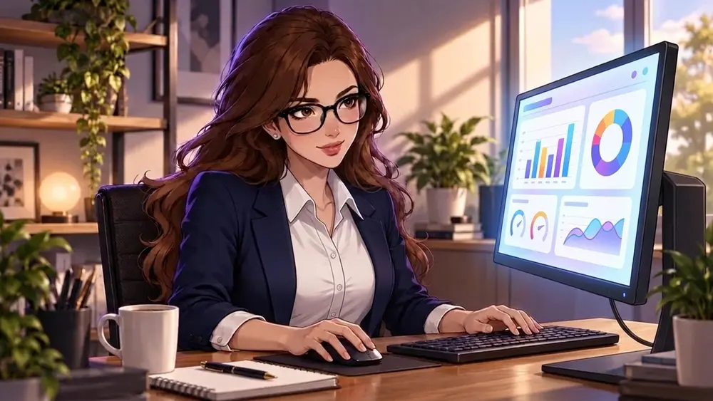 Asistente ilustrada trabajando en su oficina